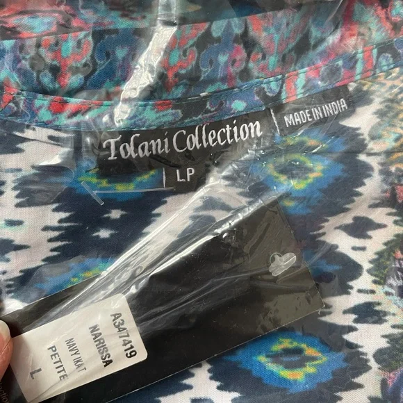 Tolani Collection Petite Printed Woven Caftan Tunic Navy Ikat PL A347419 QVC - Picture 10 of 10